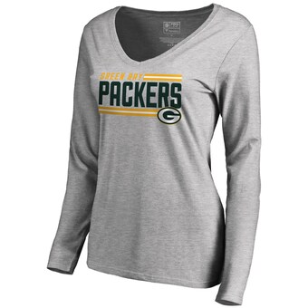 Women's Green Bay Packers NFL Pro Line Ash Iconic Collection On Side Stripe Long Sleeve V-Neck T-Shirt