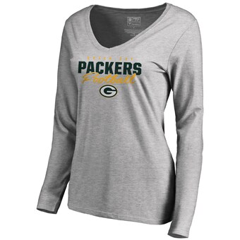 Women's Green Bay Packers NFL Pro Line Ash Iconic Collection Script Assist Long Sleeve V-Neck T-Shirt