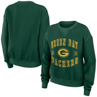 Women's Green Bay Packers WEAR by Erin Andrews Green Vintage Rib-Knit Cord Modest Crop Pullover Sweatshirt