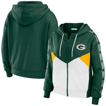 Women's Green Bay Packers WEAR by Erin Andrews Green/White Color Block Light Weight Modest Crop Full-Zip Hoodie