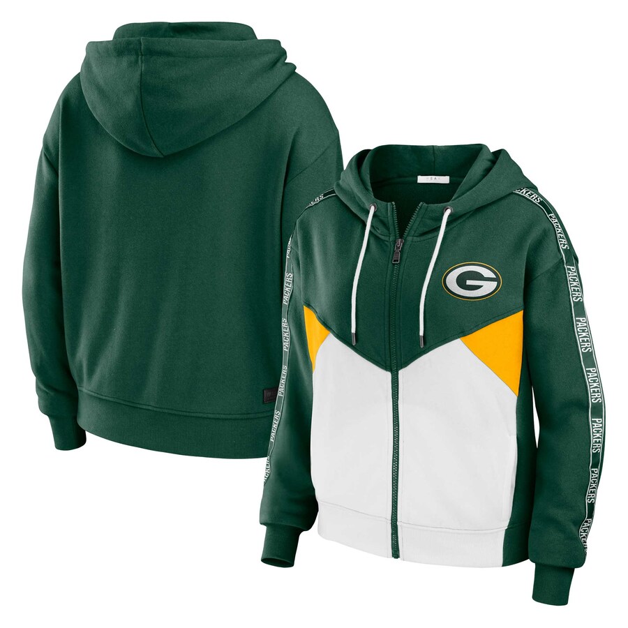 Women's Green Bay Packers WEAR by Erin Andrews Green/White Plus Size Color Block Full-Zip Hoodie