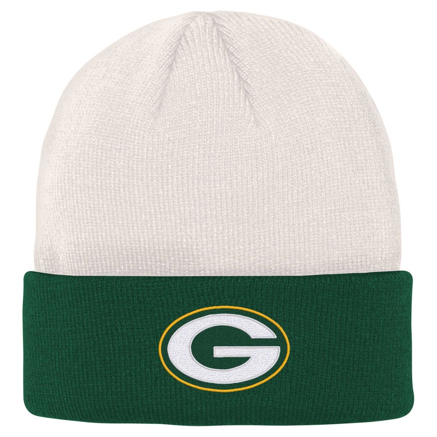 Youth Green Bay Packers Cream/Green Bone Cuffed Knit Hat