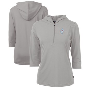 Women's Houston Oilers Cutter & Buck Gray Throwback Logo Virtue Eco Pique 3/4 Sleeve Half-Zip Pullover Hoodie