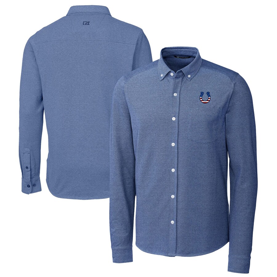 Men's Indianapolis Colts Cutter & Buck Blue Advantage Tri-Blend Pique Long Sleeve Button-Down Shirt