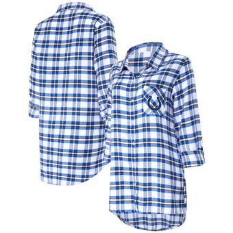 Women's Indianapolis Colts Concepts Sport Royal Sienna Plaid Full-Button Long Sleeve Nightshirt