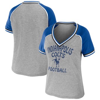 Women's Indianapolis Colts WEAR by Erin Andrews Heather Gray Cropped Raglan Throwback V-Neck T-Shirt