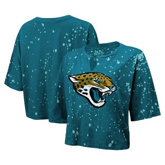 Women's Jacksonville Jaguars Majestic Threads Teal Bleach Splatter Notch Neck Crop T-Shirt