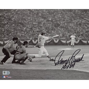 Autographed Cincinnati Reds Johnny Bench Fanatics Authentic 8'' x 10'' Black & White Hitting Photograph with "HOF 89" Inscription