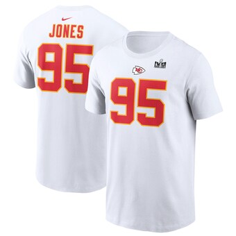 Men's Kansas City Chiefs Chris Jones Nike White Super Bowl LVIII Patch Name & Number T-Shirt