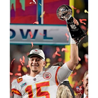 Patrick Mahomes Kansas City Chiefs Unsigned Fanatics Authentic Super Bowl LVII Champions Celebrating with the Lombardi Trophy Photograph