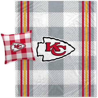 Pegasus Kansas City Chiefs Gray Plaid Stripes Blanket and Pillow Combo Set