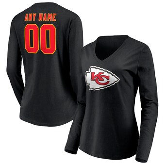 Women's Fanatics Black Kansas City Chiefs Team Authentic Logo Personalized Name & Number V-Neck Long Sleeve T-Shirt