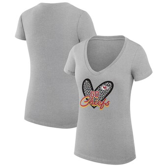 Women's G-III 4Her by Carl Banks Heather Gray Kansas City Chiefs Leopard Heart Fitted V-Neck T-Shirt