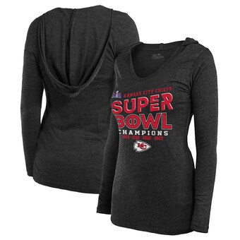 Women's Kansas City Chiefs  Majestic Threads Black Super Bowl LVIII Champions Loudmouth Tri-Blend V-Neck Long Sleeve Hoodie T-Shirt