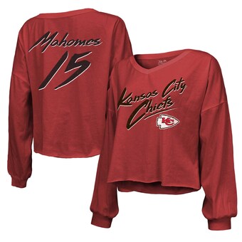 Women's Kansas City Chiefs Patrick Mahomes Majestic Threads Red Name & Number Off-Shoulder Script Cropped Long Sleeve V-Neck T-Shirt