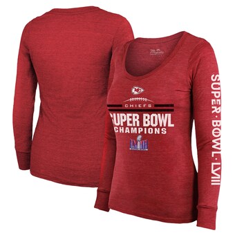 Women's Kansas City Chiefs  Majestic Threads Red Super Bowl LVIII Champions Goal Line Stand Scoop Neck Tri-Blend Light Weight Long Sleeve T-Shirt