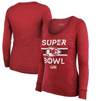 Women's Kansas City Chiefs  Majestic Threads Red Super Bowl LVIII Make It Happen Lightweight Tri-Blend Long Sleeve Scoop Neck T-Shirt