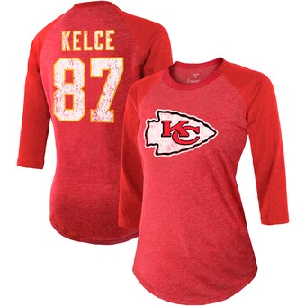 Women's Kansas City Chiefs Travis Kelce Majestic Red Player Name & Number Tri-Blend Three-Quarter Sleeve T-Shirt