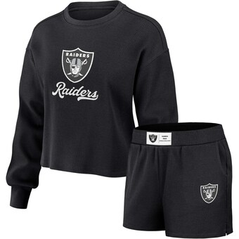 Women's Las Vegas Raiders WEAR by Erin Andrews Black Waffle Knit Long Sleeve T-Shirt & Shorts Lounge Set