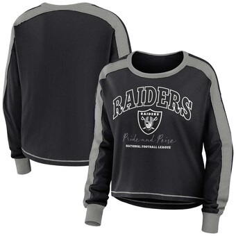 Women's Las Vegas Raiders WEAR by Erin Andrews Black/Silver Color Block Modest Crop Long Sleeve T-Shirt