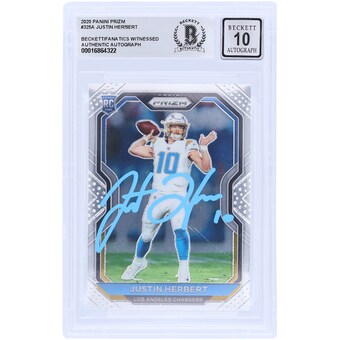 Justin Herbert Los Angeles Chargers Autographed 2020 Panini Prizm Light Blue Ink #325 Beckett Fanatics Witnessed Authenticated 10 Rookie Card 