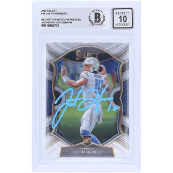 Justin Herbert Los Angeles Chargers Autographed 2020 Panini Select Light Blue Ink #44 Beckett Fanatics Witnessed Authenticated 10 Rookie Card 