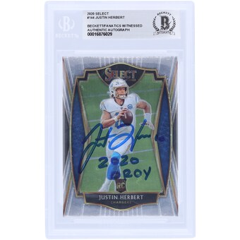 Justin Herbert Los Angeles Chargers Autographed 2020 Panini Select #144 Beckett Fanatics Witnessed Authenticated Rookie Card with "2020 OROY" Inscription