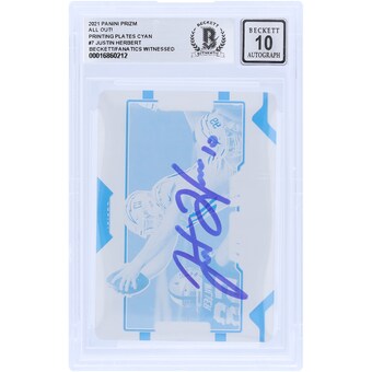 Justin Herbert Los Angeles Chargers Autographed 2021 Panini Prizm Printing Plate #7 #1/1 Beckett Fanatics Witnessed Authenticated 10 Card 