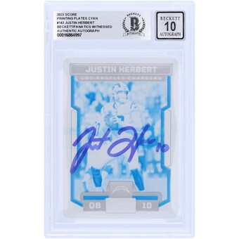 Justin Herbert Los Angeles Chargers Autographed 2023 Panini Score Printing Plate #143 #1/1 Beckett Fanatics Witnessed Authenticated 10 Card 