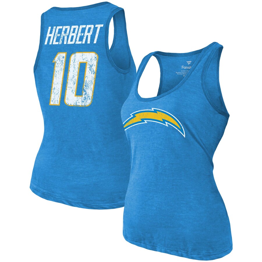 Women's Los Angeles Chargers Justin Herbert Majestic Threads Heathered Powder Blue Name & Number Tri-Blend Tank Top