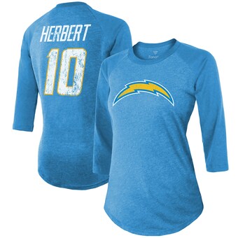 Women's Los Angeles Chargers Justin Herbert Majestic Threads Powder Blue Player Name & Number Tri-Blend 3/4-Sleeve Fitted T-Shirt