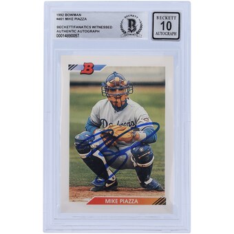 Autographed Los Angeles Dodgers Mike Piazza 1992 Bowman Series 1 #461 Beckett Fanatics Witnessed Authenticated 10 Rookie Card