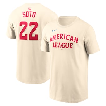 Men's American League Juan Soto Nike Cream 2024 MLB All-Star Game Name & Number T-Shirt