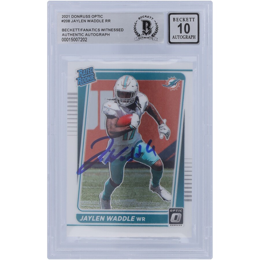 Autographed Miami Dolphins Jaylen Waddle 2021 Panini Donruss Optic #208 Beckett Fanatics Witnessed Authenticated 10 Rookie Card