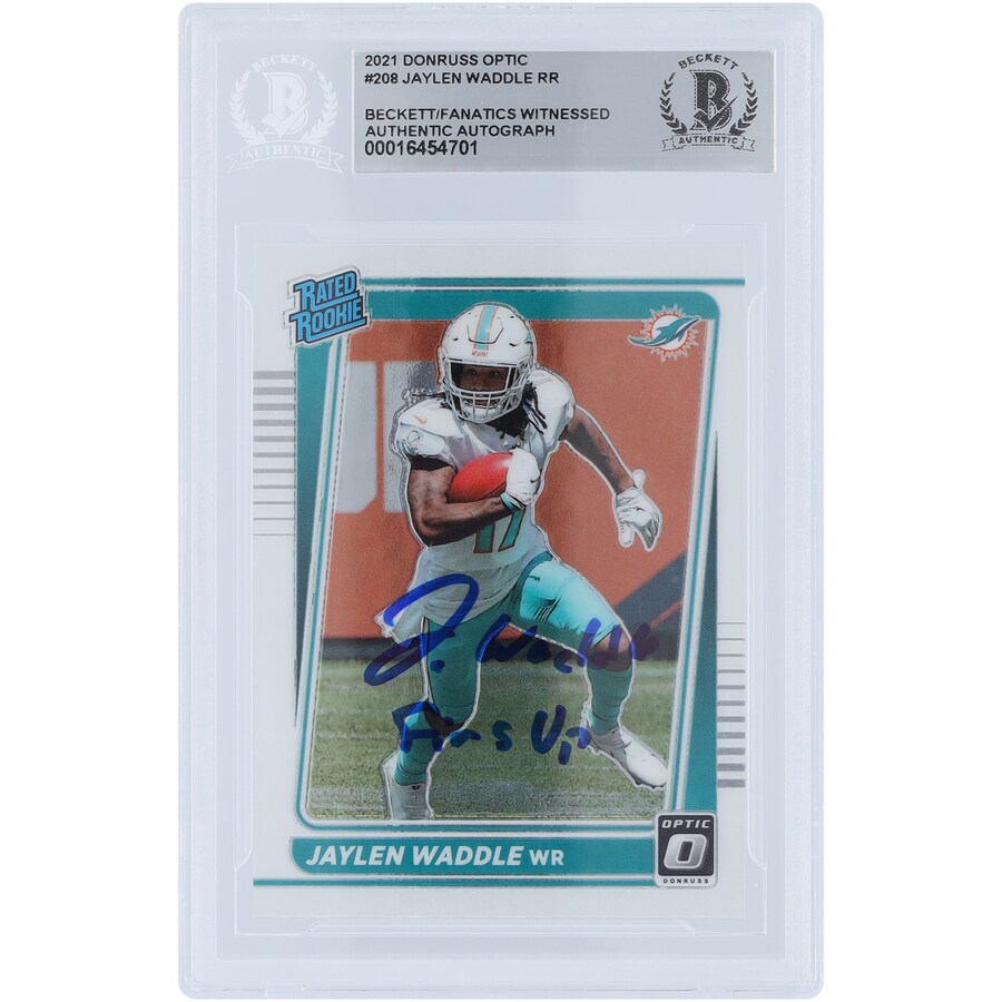 Jaylen Waddle Miami Dolphins Autographed 2021 Panini Donruss Optic Rated Rookie #208 Beckett Fanatics Witnessed Authenticated Rookie Card with "Fins Up" Inscription