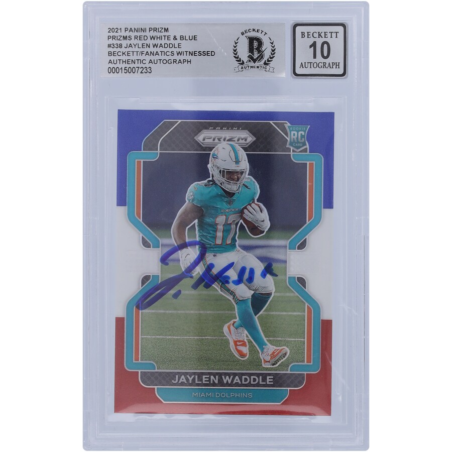 Jaylen Waddle Miami Dolphins Autographed 2021 Panini Prizm Red White Blue #338 Beckett Fanatics Witnessed Authenticated 10 Rookie Card