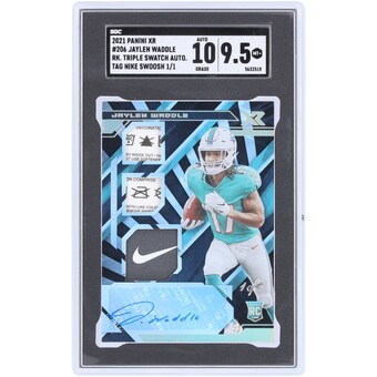 Jaylen Waddle Miami Dolphins Autographed 2021 Panini XR Triple Swatch Nike Swoosh Laundry Tag Relic #206 #1/1 SGC Authenticated 9.5/10 Rookie Card