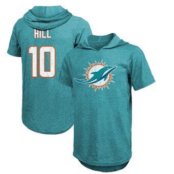 Men's Miami Dolphins Tyreek Hill Majestic Threads Aqua Player Name & Number Short Sleeve Hoodie T-Shirt