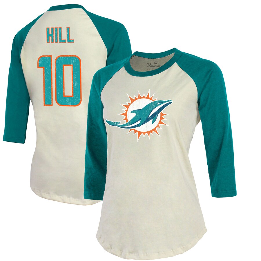 Men's Miami Dolphins Tyreek Hill Majestic Threads Cream/Aqua Vintage Player Name & Number Raglan 3/4-Sleeve T-Shirt