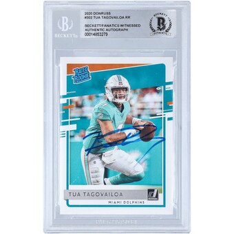 Autographed Miami Dolphins Tua Tagovailoa 2020 Panini Donruss Rated Rookie #302 Beckett Fanatics Witnessed Authenticated Rookie Card