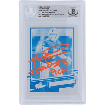 Tua Tagovailoa Miami Dolphins Autographed 2020 Panini Donruss The Rookies Cyan Printing Plate #2 #1/1 Beckett Fanatics Witnessed Authenticated Rookie Card with "2020 #5 Pick" Inscription