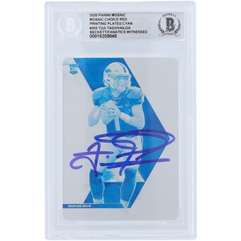 Tua Tagovailoa Miami Dolphins Autographed 2020 Panini Mosaic Red Choice Cyan Printing Plate #203 #1/1 Beckett Fanatics Witnessed Authenticated Rookie Card 