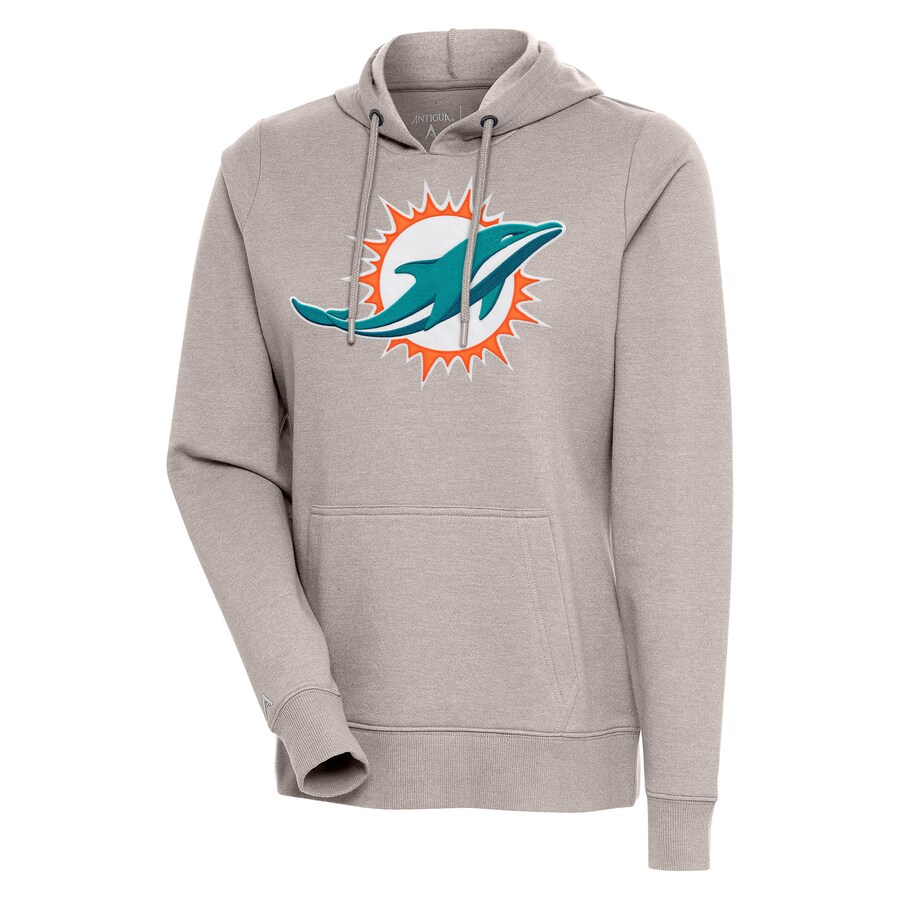 Women's Miami Dolphins Antigua Oatmeal Action Pullover Hoodie