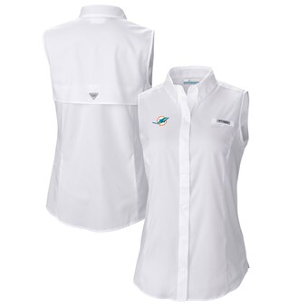 Women's Miami Dolphins  Columbia White PFG Tamiami Omni-Shade Sleeveless Button-Up Shirt