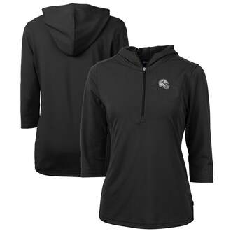 Women's Miami Dolphins  Cutter & Buck Black Helmet Logo DryTec Virtue Eco Pique Recycled 3/4-Sleeve Half-Zip Pullover Hoodie