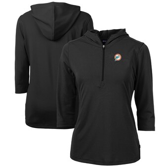 Women's Miami Dolphins Cutter & Buck Black Throwback Logo Virtue Eco Pique 3/4 Sleeve Half-Zip Pullover Hoodie