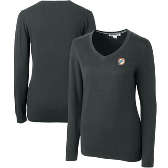 Women's Miami Dolphins Cutter & Buck Heather Charcoal Throwback Logo Lakemont Tri-Blend V-Neck Sweater