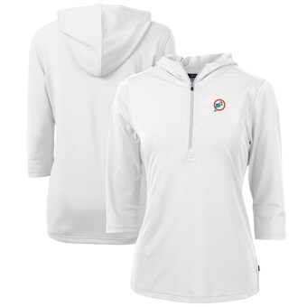 Women's Miami Dolphins Cutter & Buck White Throwback Logo Virtue Eco Pique 3/4 Sleeve Half-Zip Pullover Hoodie