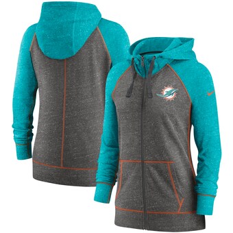 Women's Miami Dolphins Nike Heathered Charcoal/Aqua Gym Vintage Raglan Full-Zip Hoodie