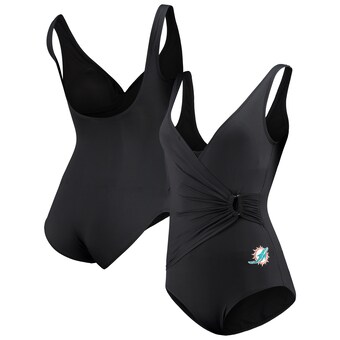 Women's Miami Dolphins Tommy Bahama Black Pearl Clara Wrap One-Piece Swimsuit